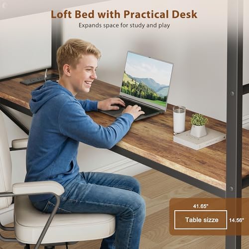 Twin Loft Bed with Desk and 8 Storage Drawers, Metal Loft Bed Twin Size with LED Lights & Charging Station, Bed Frame with Hanging Rod, Safety Guardrail & Ladder, for Kids & Teens (Rustic Brown) - Image 3