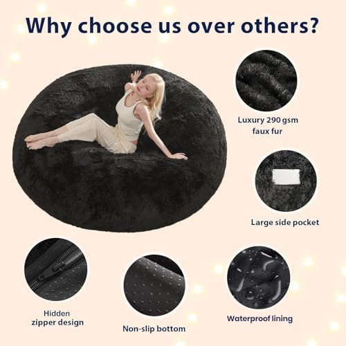 Bean Bag Cover (No Filler), Faux Fur Beanbag Chairs Covers Only, Stuffed Animal Storage Bean Bag, Giant Washable Beanbag Cover Without Filling, 5FT, Black - Image 5