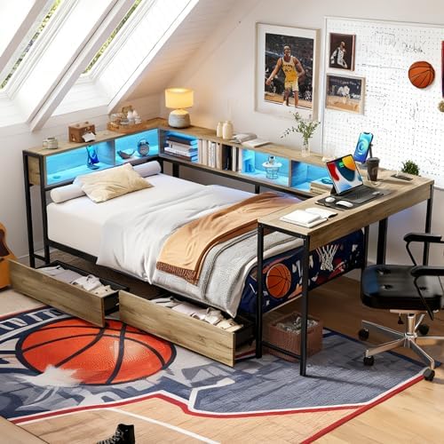 Bellemave Twin Size Corner Bed Frame with Storage Drawers, Bookcase and Side Desk, Twin Corner Bed with Light and Charging Station, Daybed for Bedroom, Living Room, Guest Room Gray by Bellemave