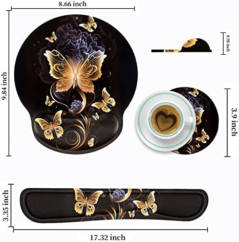 Keyboard Wrist Rest and Mouse Pad Wrist Support Set with Coffee Coaster, Non-Slip PU Base for Gaming and Office, Comfortable & Lightweight for Easy Typing & Pain Relief,Gold Butterfly - Image 2