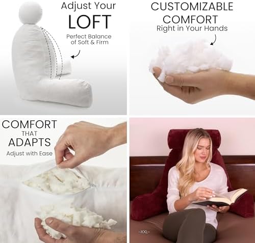 Husband Pillow XXL The Original for Adults - 30" Tall Backrest for Sitting Up in Bed - Firm Support Reading & Bed Rest Pillows for Adults, Neck Roll, Removable Cover - TV - Maroon - Image 2
