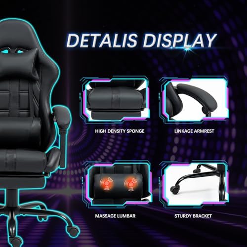 ECOTOUGE Massage Gaming Chair with Footrest & Lumbar Support, Black | Premium PU Leather; Ergonomic Massage Lumbar; 90-135° Recline; Height Adjustable; Retractable Footrest; 330Lbs Steel Frame - Image 5