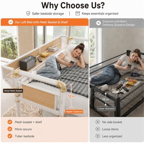 Bellemave Queen Loft Bed with Desk & Pegboard, Metal Loft Bed Frame with Storage Stairs, Wardrobe & Beside Shelf, Heavy Duty Loft Bed Queen Size with Charging Station & LED Lights, White & Natural - Image 5