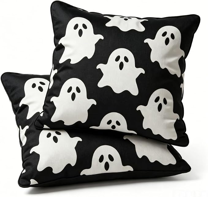 Halloween Ghost Throw Pillow Covers, Black, Linen, 18x18 Inch, Set of 2, Machine Washable, Living Room Decor by Unknown