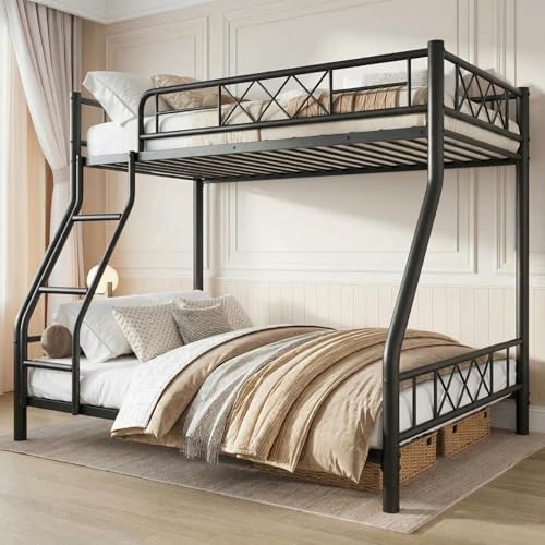 Garvee Metal Bunk Bed Twin Over Full, Heavy Duty Frame with Ladder & Guardrails, Sturdy Metal Slats, No Box Spring Needed, Space Saving for Dorm, Bedroom, Apartment, Matte Black by Garvee