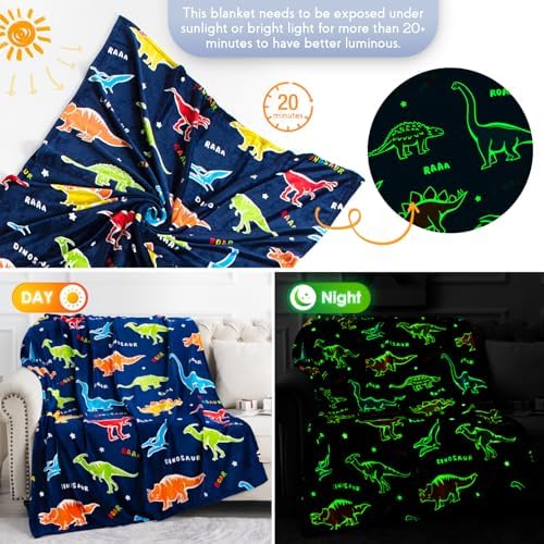 Jekeno Dinosaur Glow in The Dark Blanket Dino Gift Throw for Kids Boys Girls Birthday Christmas Halloween Easter Decor for Age 1-16 Years Old Teens Child Toddler Son Throw Navy Blue 60"x80" - Image 3