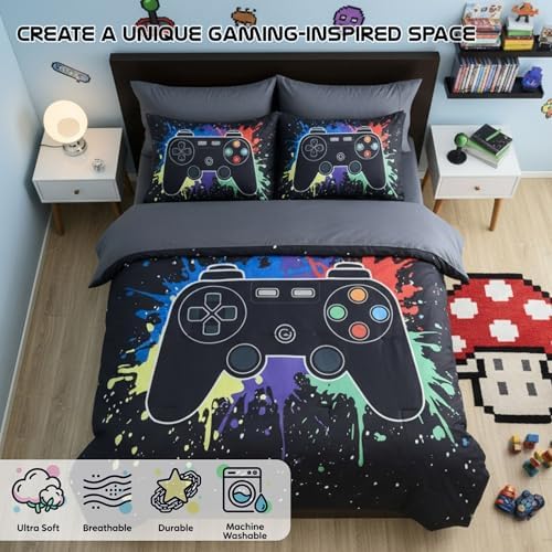 Full Comforter Set for Boys -7 Pieces Black Gamer Full Size Bedding Sets - Image 3
