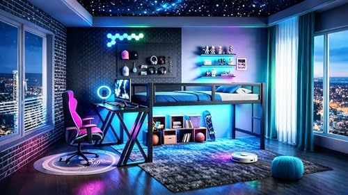 Bellemave Twin XL Gaming Loft Bed with Desk, USB Ports & LED Lights, Metal Loft Bed Frame with Mesh Guardrails, Space-Saving for Dorms, Bedrooms, & Gaming Setups (Black/Twin XL) - Image 7