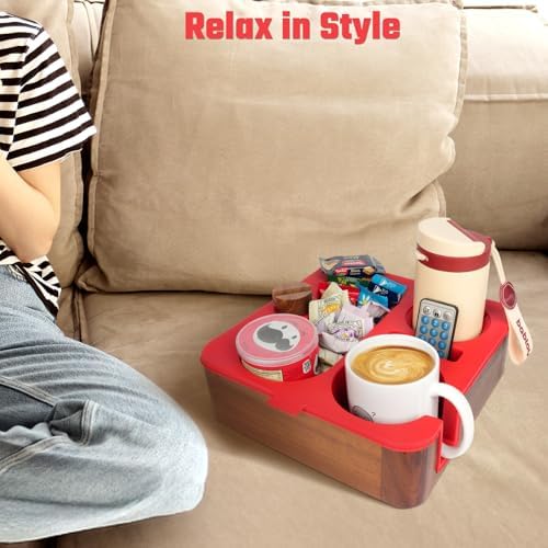 Couch Cup Holder Tray, Real Acacia Wooden Caddy with Soft Silicone, Snack and Drink Organizer- Perfect Movie Night Accessories for Bed, Remote and Cup Holders for Sofa (Red) - Image 4