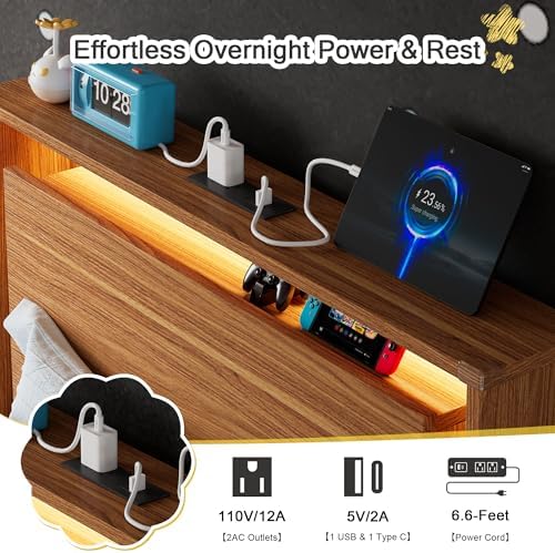 Einhomn Twin Bed Frame with Storage Headboard & LED Lights – Wood Floating Bed Frame with Charging Station, Non-Slip Slat, Kick-Free & Noise-Free Design, Easy Assembly, Walnut - Image 4