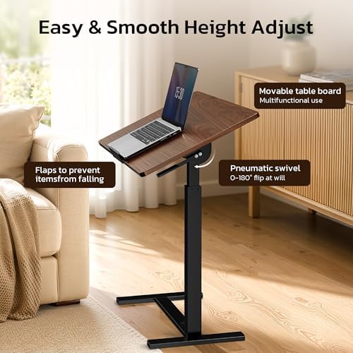 Mobile Standing Desk Adjustable Overbed Table, Pneumatic Height Adjustable Rolling Laptop Desk with Hidden Wheels, 0-180°Tilt Top Rolling Computer Cart Foldable for Home Office, Craft & Study, Brown - Image 4