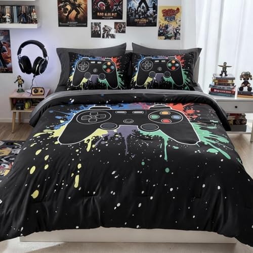 Full Comforter Set for Boys -7 Pieces Black Gamer Full Size Bedding Sets by KaleidoSpaceHomeCollection