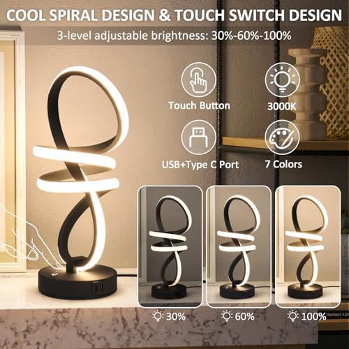Modern LED Table Lamp, Spiral RGB Table Lamp, Touch Dimmable LED Nightstand Lamp with USB/Type C, 7 Colors & 10 Light Modes Bedside Lamp for Bedroom, Living Room, Cool Lamps for Ideal Gift(2 PACK) - Image 2