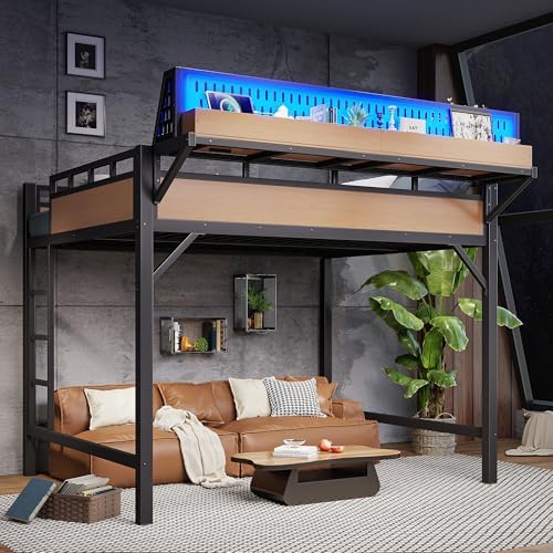 KEIKI Queen Metal Loft Bed with Shelves, Pegboard, USB Ports and LED Lights by KEIKI