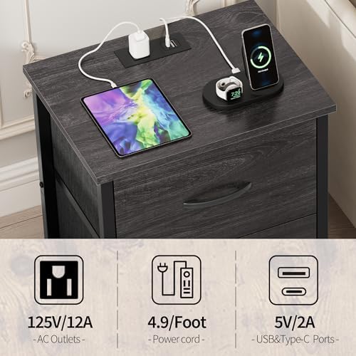 Vagusicc Nightstand with Charging Station, Bedside Table with USB Ports and Outlet, End Table Side Table with 2 Fabric Drawers for Bedroom, Living Room, Gray Walnut - Image 6