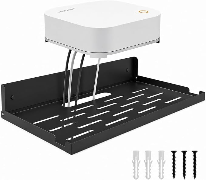 Metal Router Shelf Wall Mount, 14 x 8 Inch Floating Shelf with Cable Hole and Vent Slots, Black WiFi Router Holder for Modem, Cable Box, Game Console, TV Components, Office and Living Room by Unknown