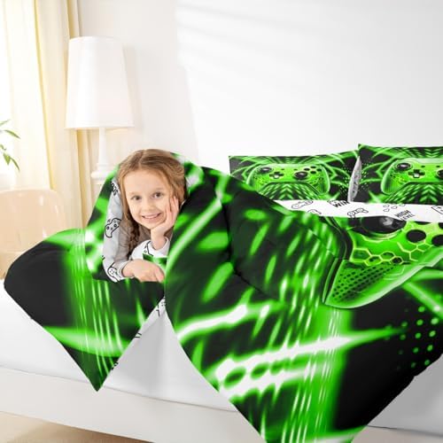 Feelyou Kids Gamer Bedding Set Queen Size Geometric Game Controller Comforter Set for Boys Girls Teens Game Room Decor Green Black Gaming Duvet Quilt - Image 7