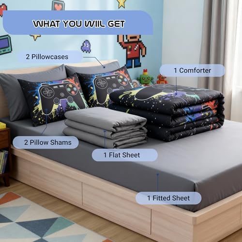 Full Comforter Set for Boys -7 Pieces Black Gamer Full Size Bedding Sets - Image 6