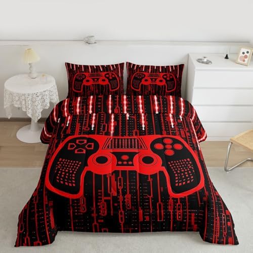 Feelyou Kids Boys Red Gamer Bedding Set Full Size, Light 3D Gaming Comforter Gamer Comforter Set for Gamepad Duvet Set Modern Game with 2 Pillow Case Room Decor Quilt Set Bedding Collection by Feelyou