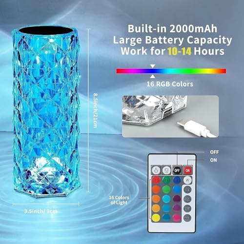 Deogos Crystal Table Lamp, Remote and Touch Control Rose Wave Lamp, RGB Color Changing Night Light, Dimmable, USB Rechargeable Decoration Ambient Lighting for Dinner/Bars/Game room/Living Room/Bedroom - Image 2