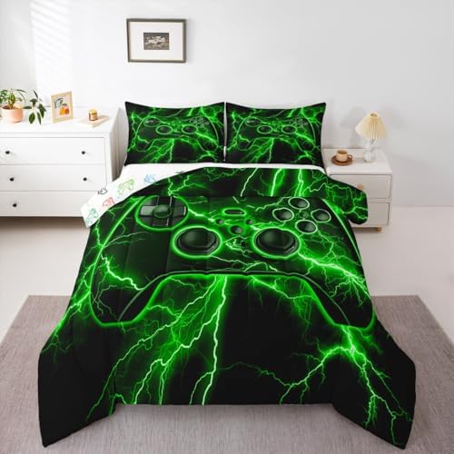 Erosebridal Gamer Comforter Set Gaming Full Size Bedding Sets, Video Game Console Comforter Green Lightning Bed Set,Boys Bedroom Decor - Image 6