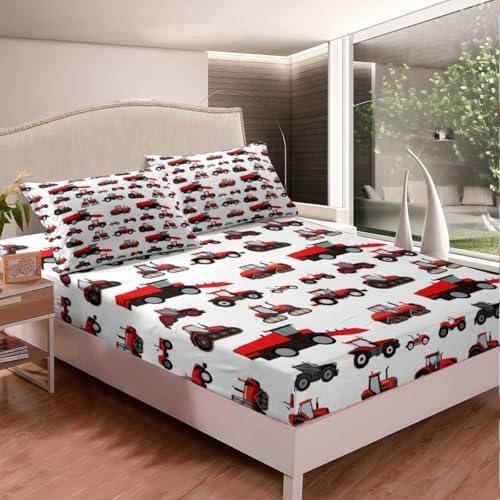 Erosebridal Red Tractor Bed Sheets Full Size Heavy Equipment Truck Sheet Set Kids Boys Girls Teens Harvester Tractor Bedding Set Construction Excavator Farm Equipment Fitted Sheet - Image 3