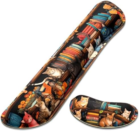 Dapesuom Enlarge Keyboard Wrist Rest, Memory Foam Wrist Cushion for Desk Mats Support, Cute Typing Pain Relief Keyboard Mouse Pad Rests Set with Non-Slip Base for Gaming Laptop Computer, Library Cats by Unknown