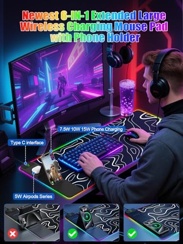 Mouse Pad with Foldable Phone Holder & Wireless Charger, XXL RGB Gaming Mousepad 31.5"x15.8" Large Desk Mat for Keyboard, Black Desk Pad with Dual Qi Charging Station | 11 Colors 5 Modes | Waterproof - Image 3