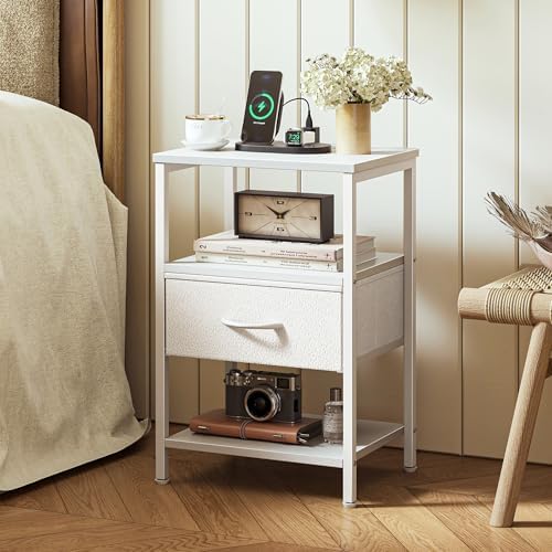 SUPERJARE Nightstand with Charging Station, Bed Side Table with Adjustable Fabric Drawer, Night Stand for Bedroom, 3-Tier Storage End Table, for Living Room, White - Image 2