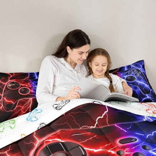 Erosebridal Gaming Comforter Set Gamer Girl Toddler Bedding Set, Video Game Consoles Comforter Red Blue Lightning Quilt,Gaming Decor for Boys Bedroom - Image 4