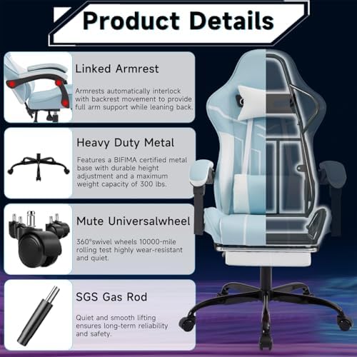 Gaming Desk Chair for Adults, Ergonomic Gaming Chair (Blue+White) | with Footrest & Headrest and Lumbar Support, Leather Material Height Adjustable computer Video Game Chairs - Image 5