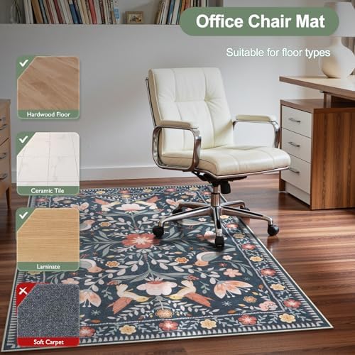 Anidaroel 48"x60" Office Chair Mat for Hardwood Floor/Tile, Black Floor Mat for Office Chairs, Anti-Slip Floral Under Desk Rug for Rolling Chairs, Bird Bug Low Pile Desk Chair Mats for Hardwood - Image 5