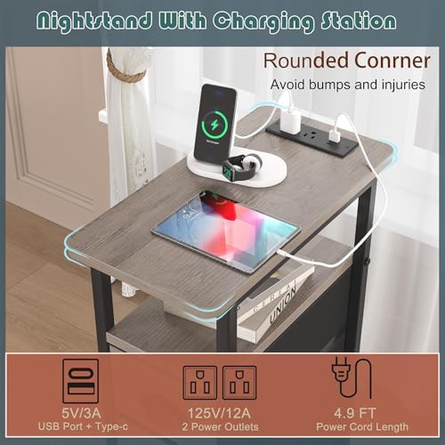 sthmec End Table with Charging Station,LED Side Tables with USB Ports and Outlets,Skinny Bedside Tables with 3 Drawers,Small Tabls Nightstands for Small Space,Slim Sofa Table for Livingroom, Grey - Image 4