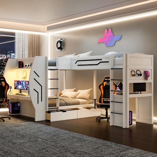Merax 3 in 1 L-Shaped Wood Gaming Bunk Bed with Built-in Desks,Charging Station, Full & Twin Size Multifunction Bunk Beds with Storage Drawers and Pegboard for Bedroom, Space Saving,White by Merax