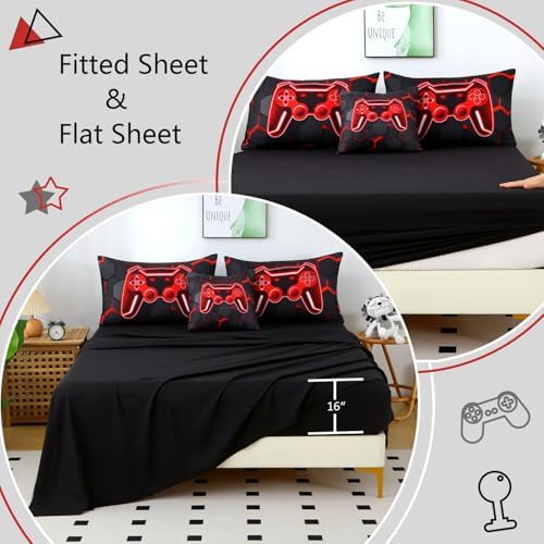 6 Pieces Kids Gaming Bedding Set Black and Red Twin Comforter Set for Boys 3D Video Game Teen Boy Bed in A Bag Honeycomb Gamer Comforter and Sheet Set (Black Red, Twin) - Image 6
