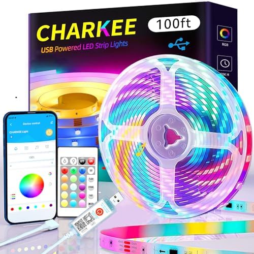 CHARKEE LED Lights 100ft USB-Powered, Music Sync RGB LED Strip Lights for Bedroom/TV Backlight/Gaming Lighting, Color Changing Bluetooth Led Lights IR Remote&App Control by CHARKEE