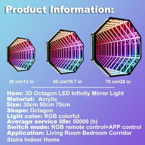 3D Infinity Mirror Light, 28in/70cm Octagon RGB Tunnel Light, 358 LEDs - Image 3