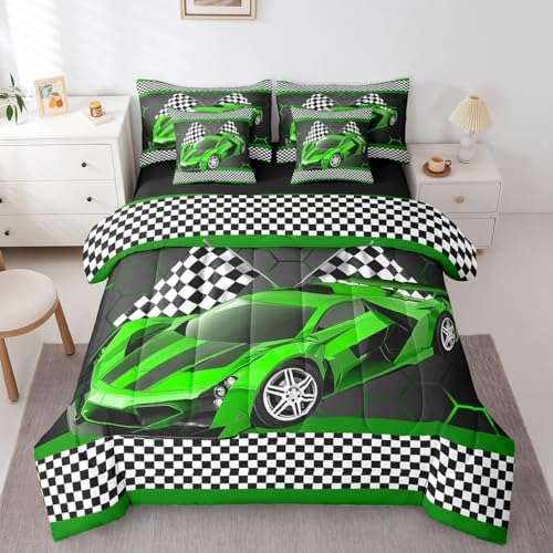 Feelyou Race Car King Comforter Set with Sheets for Kids Boys Black White Checkered Flag Print Bed in a Bag Extreme Sports Bedding Set 7 Piece Honeycomb Speed Sports Car Green Bed Set - Image 3