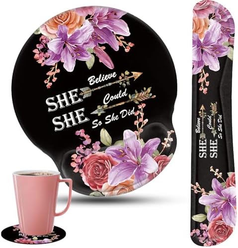 Keyboard Wrist Rest and Mouse Pad Wrist Support Set with Coaster,Non-Slip PU Base for Gaming and Office,Comfortable & Lightweight for Easy Typing & Pain Relief,Flower She Believed She Could So She Did by CICPLKSE