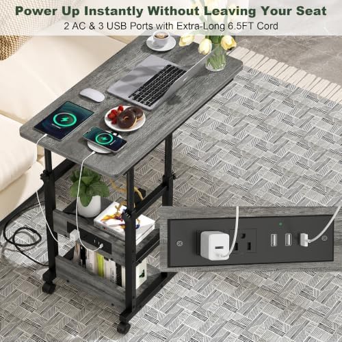 Rolling C Shaped End Table with Charging Station for Couch, Height Adjust - Image 5