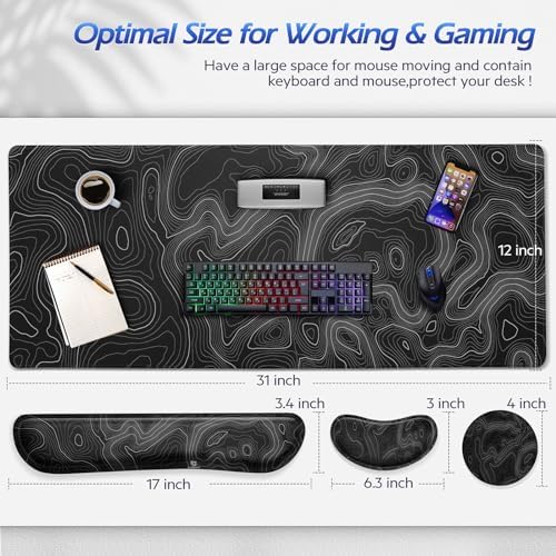 Gimars 4 in 1 Mouse Pad and Keyboard Wrist Rest Set, Large Mouse Pad with Memory Foam Wrist Support Pad for Desk with Coaster, Easy Typing Pain Relief, Gaming Office Home 31.5x12 in, Topographic Map - Image 3