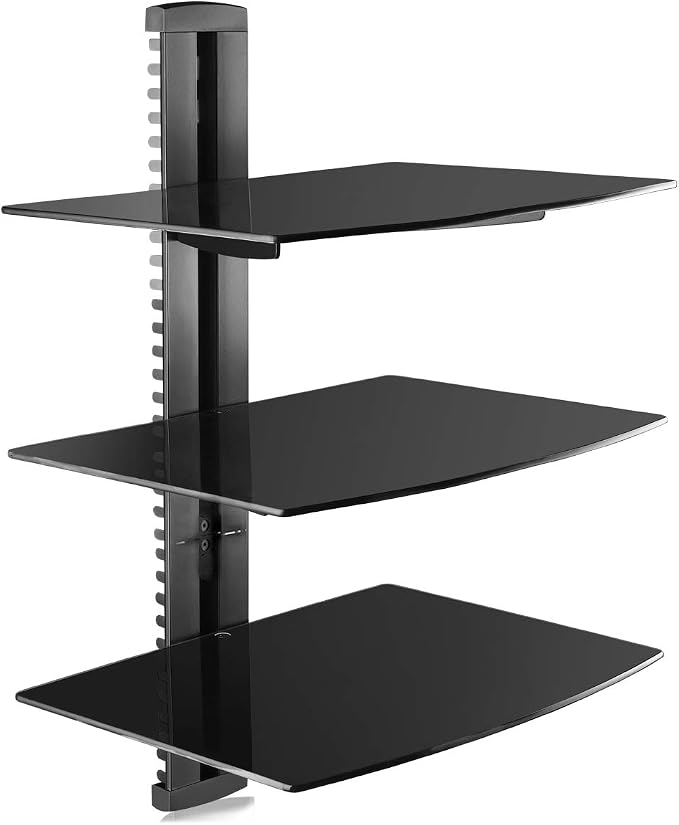 suptek 3 Floating Shelf Wall Bracket with Strengthened Tempered Glass for DVD Players/Cable Boxes/Games Consoles/TV Accessories, 3 Shelves, Black, CS303 by suptek