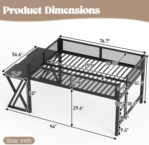 Bellemave Full Size Gaming Loft Bed with Desk, USB Ports & LED Lights, Metal Loft Bed Frame with Mesh Guardrails, Space-Saving for Dorms, Bedrooms, & Gaming Setups (Black/Full) - Image 2