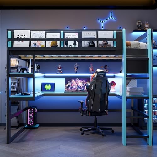 DNYN Gaming Loft Bed with Built-in Desk and Storage Shelves for Teens/Adults Bedroom, Space-Saving Full Size Wooden Bed Frame with LED & Side Race, No Box Spring Needed - Image 3