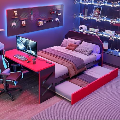 Bellemave Full Size Gaming Bed with Desk and USB,Full Bed with Trundle,Wood Platform Bed with Trundle for Girls Boys,Red by Bellemave