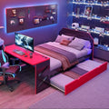Bellemave Full Size Gaming Bed with Desk and USB,Full Bed with Trundle,Wood Platform Bed with Trundle for Girls Boys,Red by Bellemave