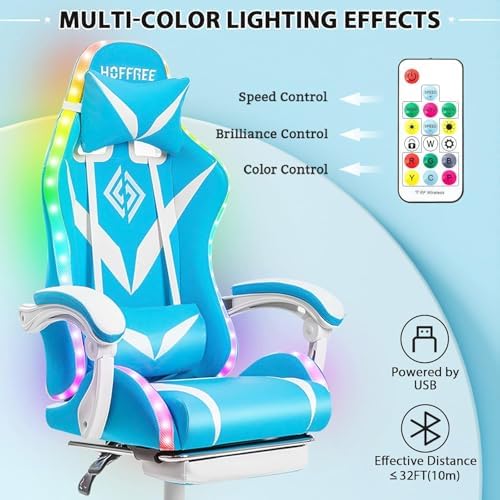 Gaming Chair with Bluetooth Speakers RGB LED Lights Computer Chair-Sky Blue | Ergonomic Massage Game Chair with Footrest & Lumbar Support High Back Video Game Chair for Adults Racing Style - Image 6
