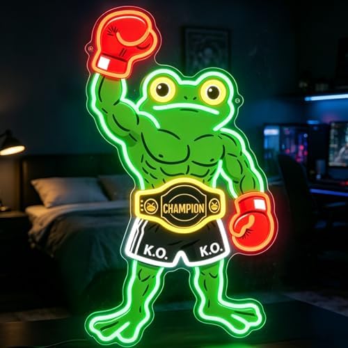 HAJAE Frog Neon Sign, Dimmable Boxing Frog Champion LED Light Wall Decor - Funny Muscular Frog Gifts for Men Boys Kids, Wrestling Birthday Party Decorations, Gym Man Cave Room Neon Light by HAJAE