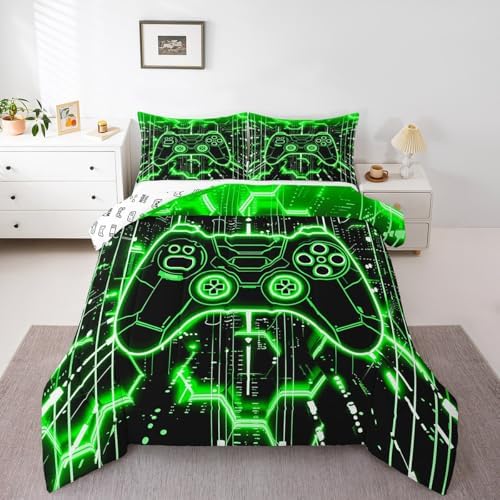 Feelyou Kids Green Gamer Comforter Set Twin Size, Honeycomb Gaming Bedding Set Boys Girls Modern Game Console Comforter Game Teens Duvet Set Bedroom Decor 2Pcs by Feelyou