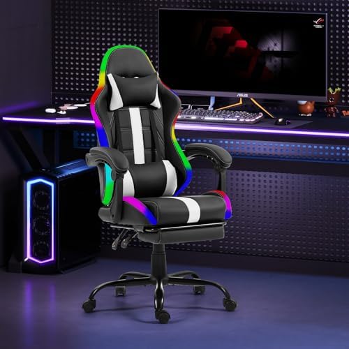 ECOTOUGE Gaming Chair, Massage Computer Chair with Footrest, RGB White | Premium PU Leather; Ergonomic Massage Lumbar; 90-135° Recline; Height Adjustable; Retractable Footrest; 330Lbs Steel Frame - Image 2